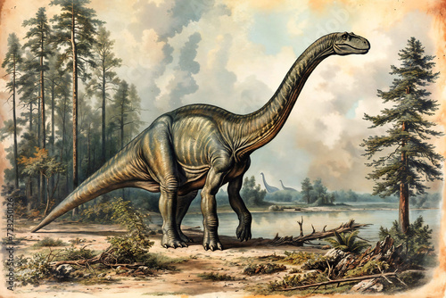 Sauropod, antique old colored style art. The image has an aged appearance with visible scratches and marks. Generative ai image. © Mark K. Barry