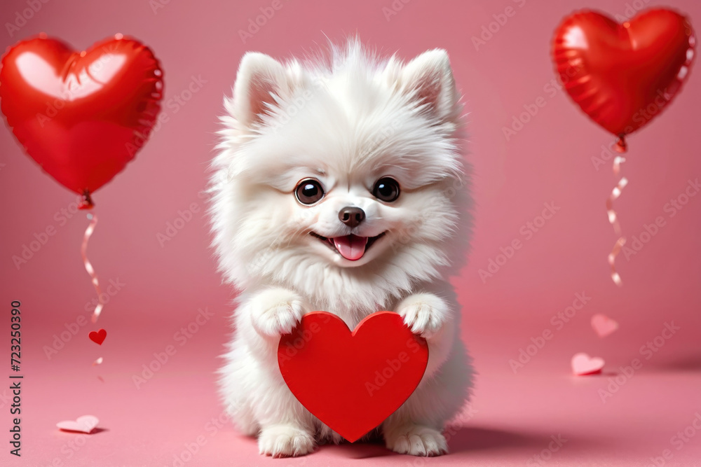 Adorable pomeranian spitz puppy holds in paws red heart, heart shape balloons at the background, 3D cartoon illustration.Happy Valentine's Day concept. Adorable pomeranian spitz puppy holds in paws red heart, heart shape balloons at the background, 3D cartoon illustration.Happy Valentine's Day concept.