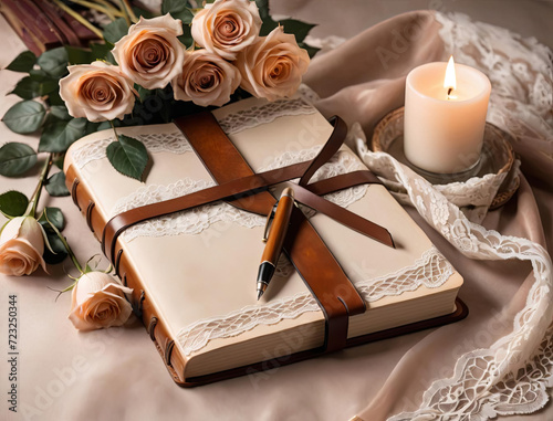 Romantic Valentine's Day Gift - Lace ribbons, Classy pen, and leather journal in vintage sepia tones with love letters and roses Gen AI photo