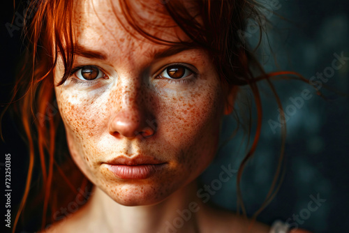 Portrait of sad redhead young woman with brown shiny eyes, red hair and some freckles