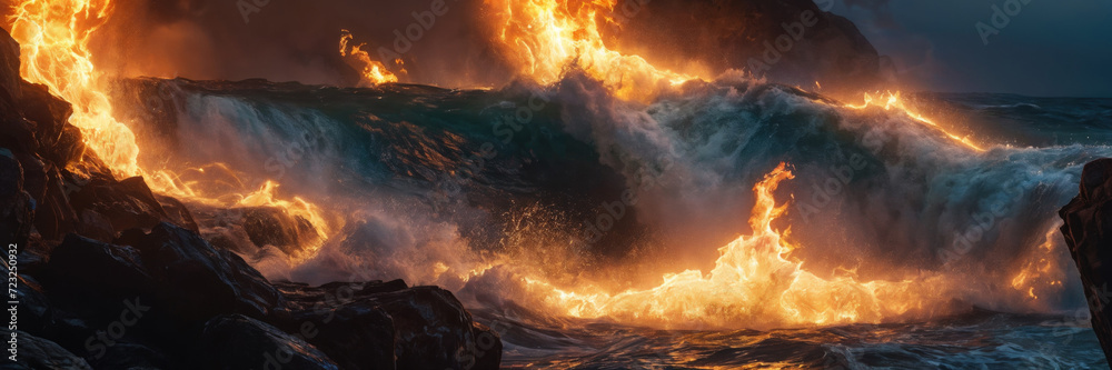 wave crashes into some rocks, which are on fire. The water is a dark color
