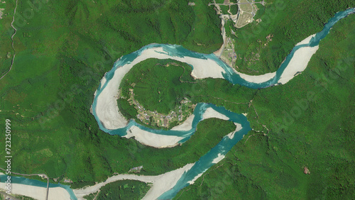 Village of Kizuro, the loop, village on a peninsula in the river looking down aerial view from above – Bird’s eye view Kitayamagawa River, Kiwacho region, city of Kumano, Japan