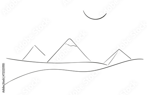 Pyramids in the desert line sketch, Egyptian pyramids in Giza in the desert sands under the scorching midday sun, vector illustration hand drawn black ink line art style on white background