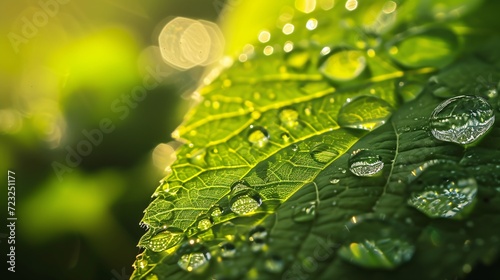 Close-Up of Dew Drops on Vibrant Green Leaf