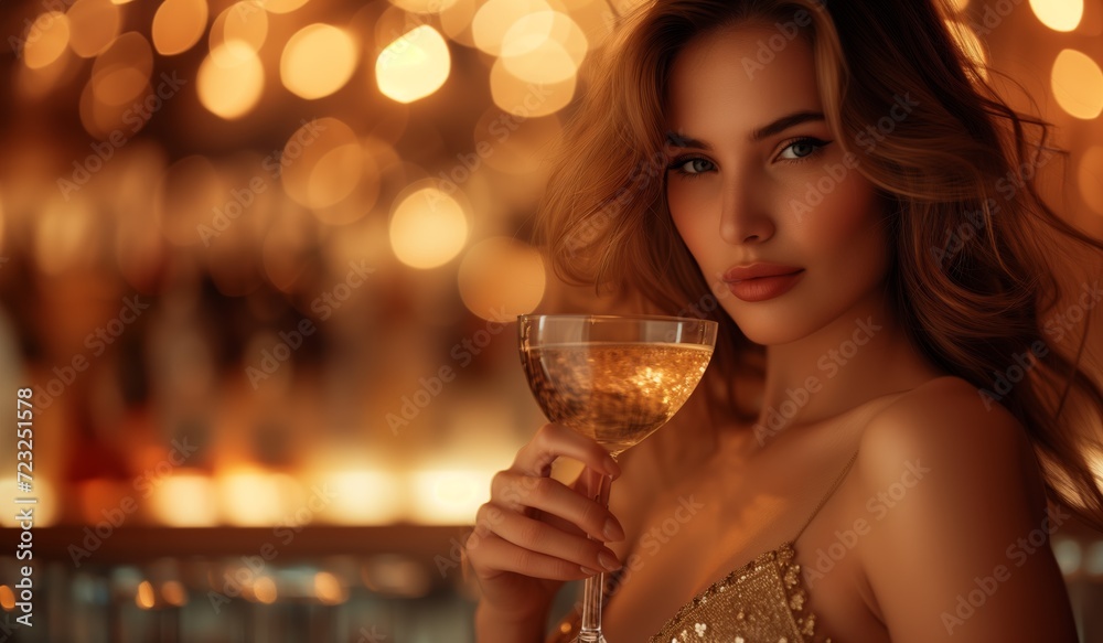 Beautiful woman with a glass of alcoholic drink champagne vermouth on the background of beautiful twinkling lights Beautiful woman with a glass of alcoholic drink champagne vermouth on the background of beautiful twinkling lights