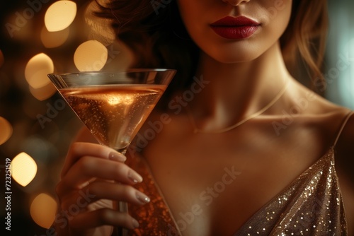 Beautiful woman with a glass of alcoholic drink champagne vermouth on the background of beautiful twinkling lights