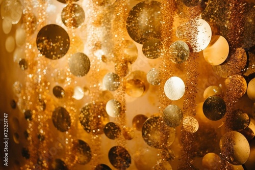 Shimmering festive backdrop adorned with circular glimmers in a golden hue. Generative AI