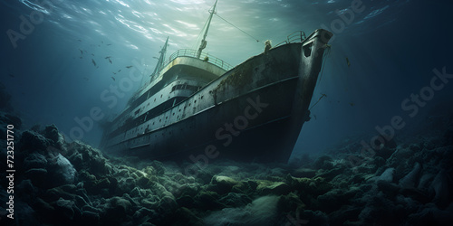 Titanic Ship, Titanic ship with a large ship on the front, Titanic Iceberg, Fantasy underwater world, Generative AI