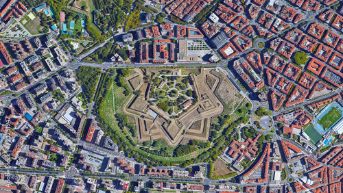 Pamplona Castle - Pamplona Citadel star - pentagon shaped historical castle looking down aerial view from above, Bird’s eye view fort Pamplona, Spain