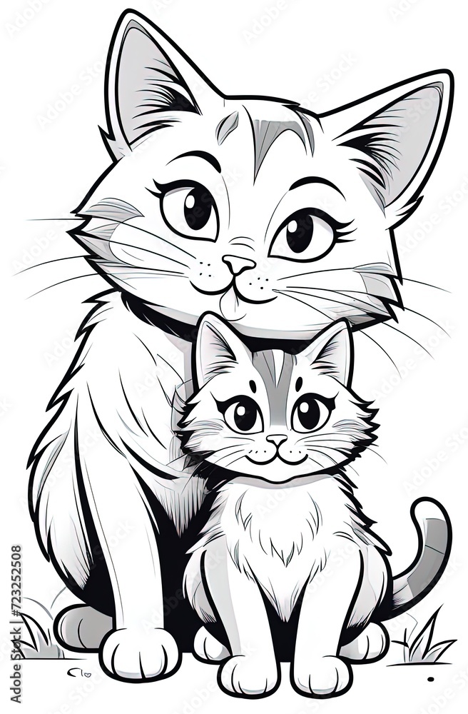 cat with kitten. Coloring book antistress for children and adults. Illustration isolated on white background. Zen-tangle style. Hand draw. colouring book in zen-tangle style. Vector picture