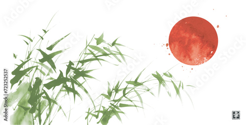 Green bamboo and big red sun, symbol of Japan on white background. Traditional Japanese ink wash painting sumi-e. Hieroglyph - happiness.