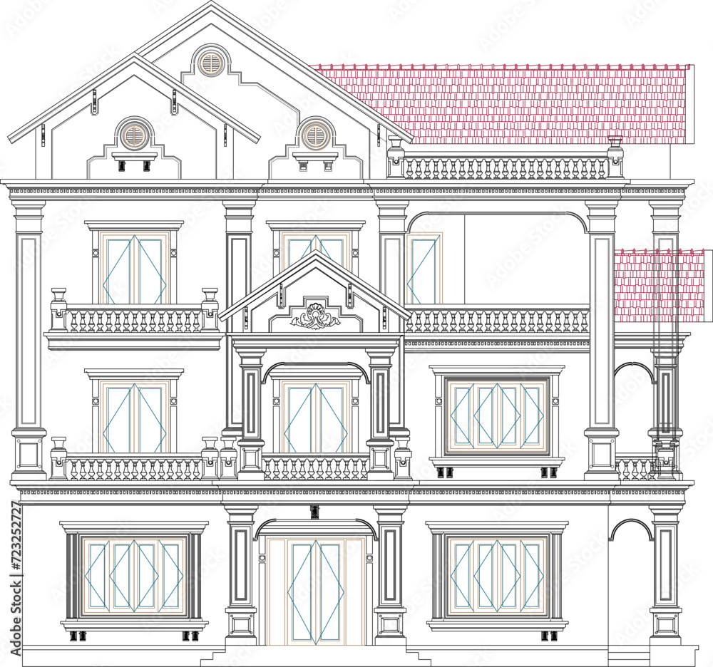 Vector sketch illustration of engineering design drawing of old classic vintage colonial two-story house with many columns