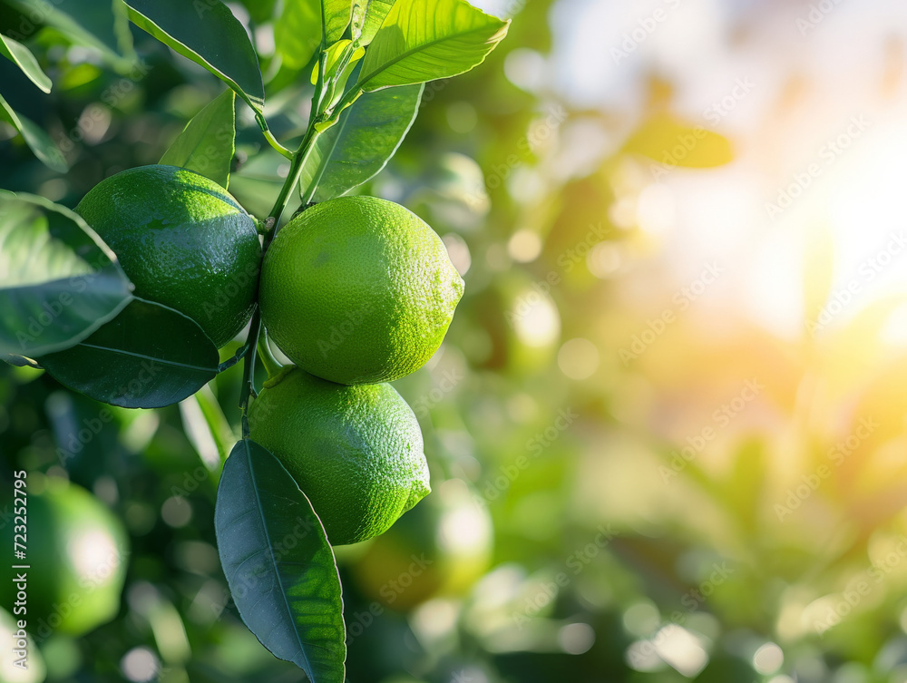 Obraz premium Sunlight flares through lush lime trees full of ripe fruit.
