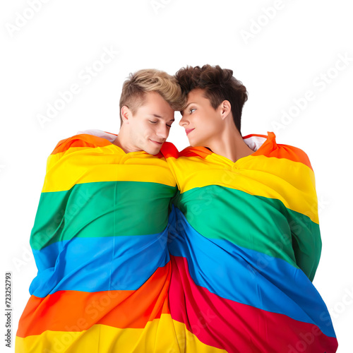 Top view of Gay couple lying on LGBT flag Isolated on transparent background.