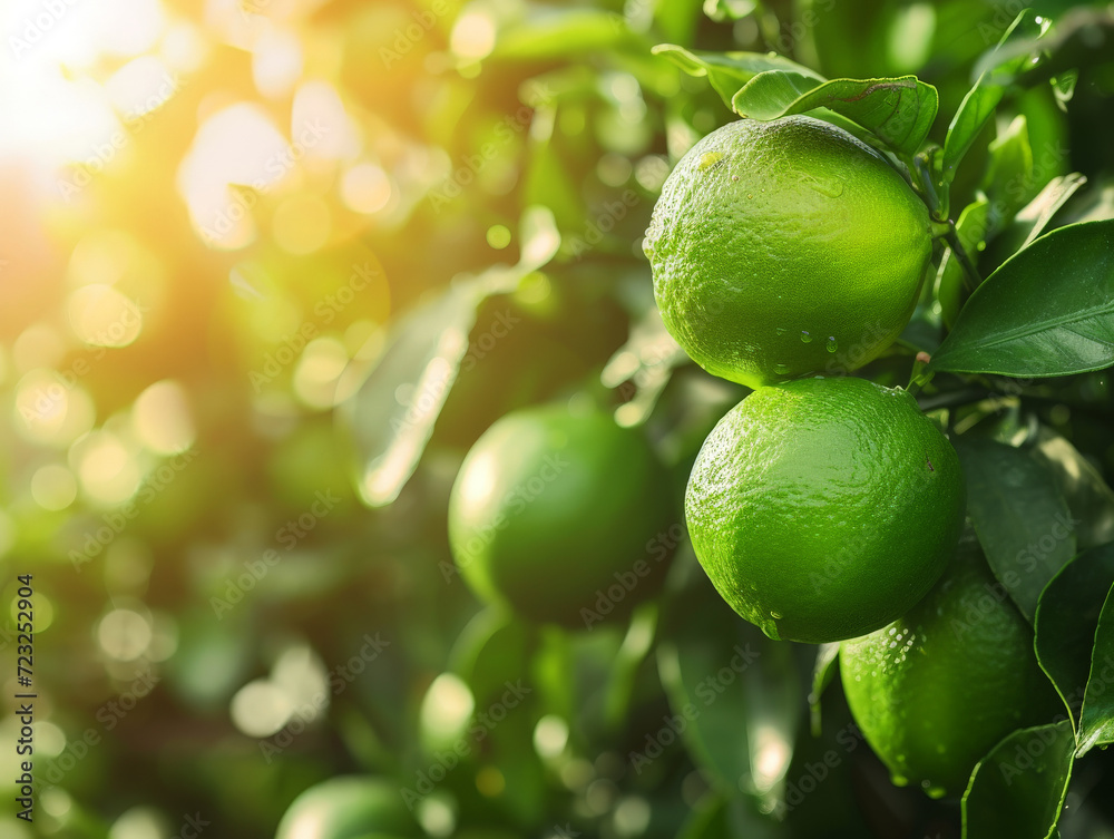 Green limes growing on a tree, bathed in sunlight. Green limes growing on a tree, bathed in sunlight.