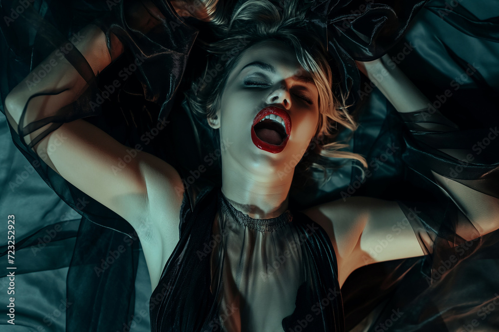 Young European woman having orgasm. Beautiful woman with open mouth and closed eyes enjoying sex lying in bed among black silk. Red lips, night light. Sexual experience, masturbation, cunnilingus. Young European woman having orgasm. Beautiful woman with open mouth and closed eyes enjoying sex lying in bed among black silk. Red lips, night light. Sexual experience, masturbation, cunnilingus.