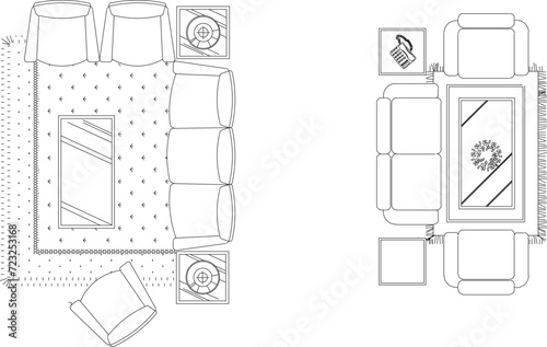 Vector sketch illustration of living room interior arrangement design with sofa and chairs © achmad