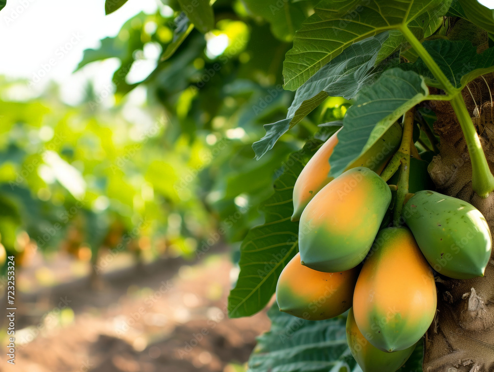 Cluster of yellow and green papayas hanging from the tree in soft