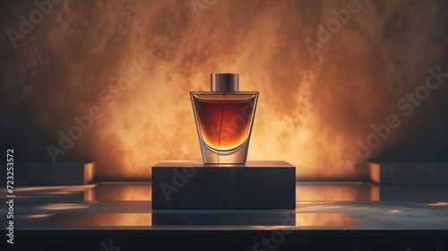 Luxurious amber-hued perfume bottle on display with a warm, glowing backdrop
