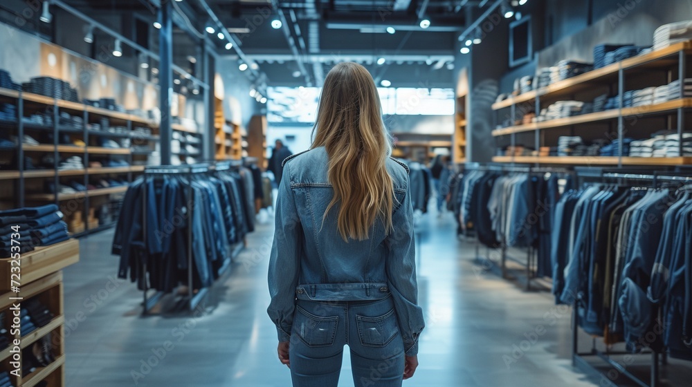 Young Woman Browsing Through Clothes at a Denim Store