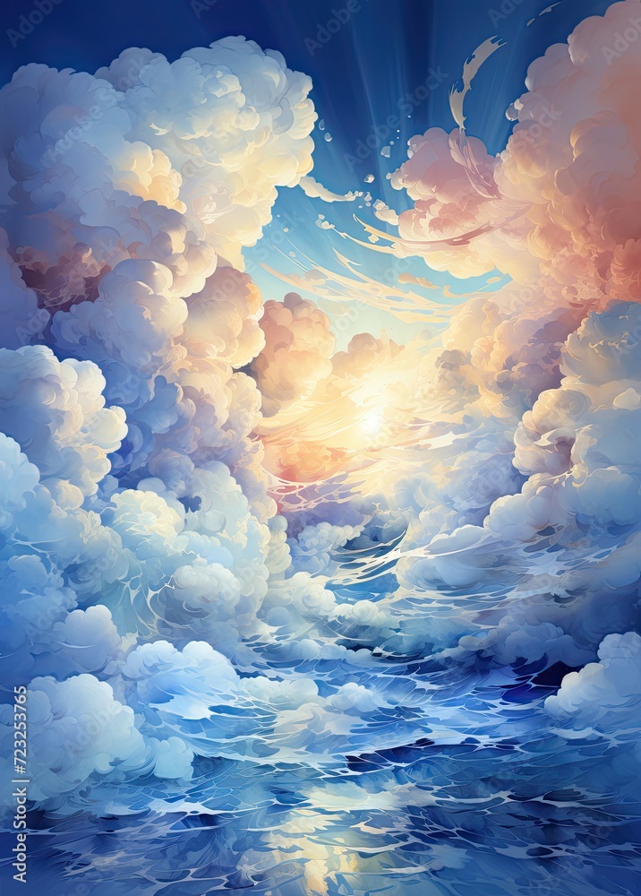 Fluffy clouds in the rays of the sun painting with colors in blue tones ...