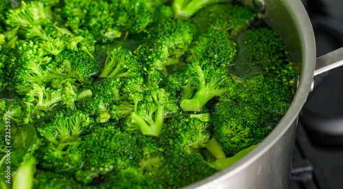 Healthy fresh meal cooking, broccoli in a saucepan. Homemade vegetables for restaurant, menu, advert or package, close up, selective focus.