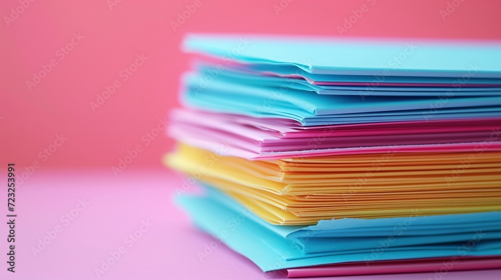 Colorful Paper Sheets Stacked on Blue Background in Gradient Colorful Paper Sheets Stacked on Blue Background in Gradient