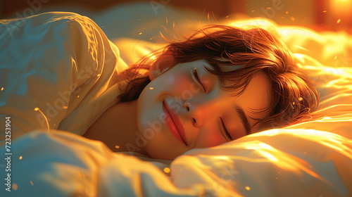 Dreamy concept of a woman really relax and happy dreaming and sleeping in her bed 