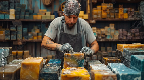 Worker doing artisan soap with his hands 