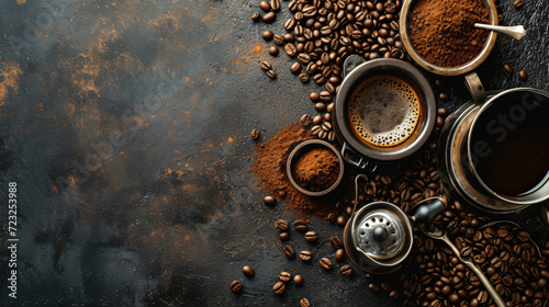 A flat lay of premium coffee beans and coffee-making accessories on a textured dark surface.