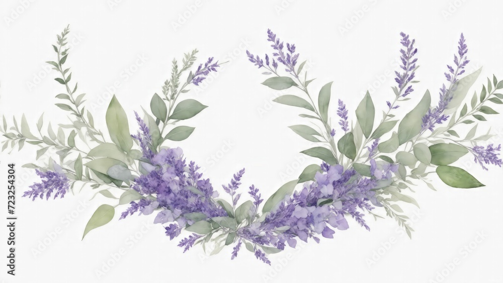 Watercolor eucalyptus leaves and violet lavender flower background