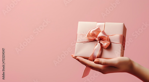 pink gift wrap present box in hand of female on warm  photo