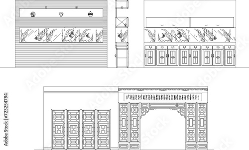 Vector sketch illustration of traditional Chinese ethnic room interior design