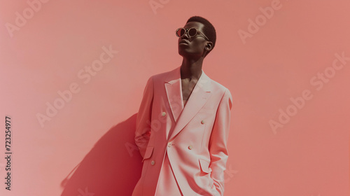 Minimalist Male Fashion Model, Pastel Pink Suit, Modern Monochromatic Style, Copyspace for text