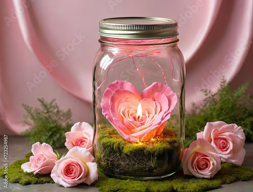 Romantic Valentine's Day Gift - Mason jar full of love notes, rose petals, and playful whimsy in luminous light painting Gen AI photo