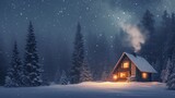 Cozy Cabin in Snowy Forest at Night