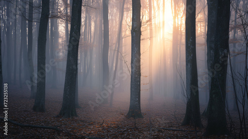 A foggy morning in a forest with mist weaving through the trees and soft light.
