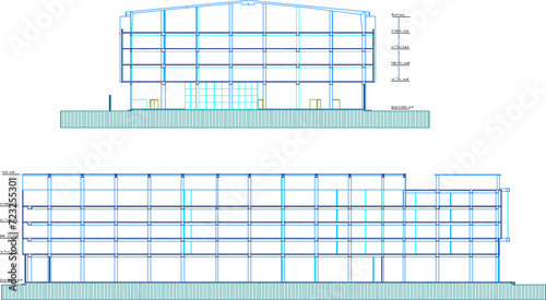 Vector sketch illustration of the architectural design of a multi-storey hotel mall building section