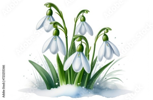 watercolor illustration first spring snowdrops flowers sticking out from the snow.