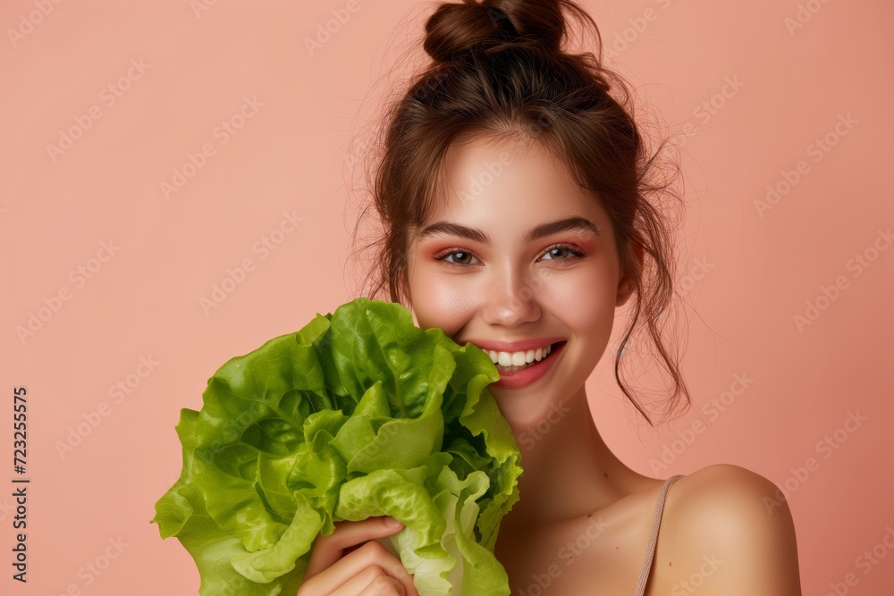 Beautiful healthy young girl smiling and holding a green salad leaf next to her face, healthy eating concept on peach background with space for your text Beautiful healthy young girl smiling and holding a green salad leaf next to her face, healthy eating concept on peach background with space for your text