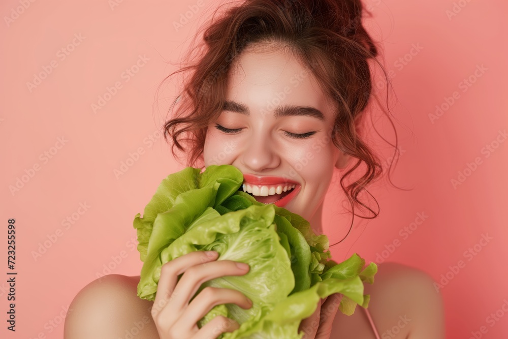 Beautiful healthy young girl smiling and holding a green salad leaf next to her face, healthy eating concept on peach background with space for your text Beautiful healthy young girl smiling and holding a green salad leaf next to her face, healthy eating concept on peach background with space for your text