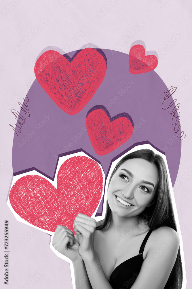 Vertical photo collage of young pretty happy girl hold heart postcard present for boyfriend valentine day 14 february on drawing background Vertical photo collage of young pretty happy girl hold heart postcard present for boyfriend valentine day 14 february on drawing background