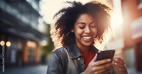 Joyful African American Woman Using Smartphone in City