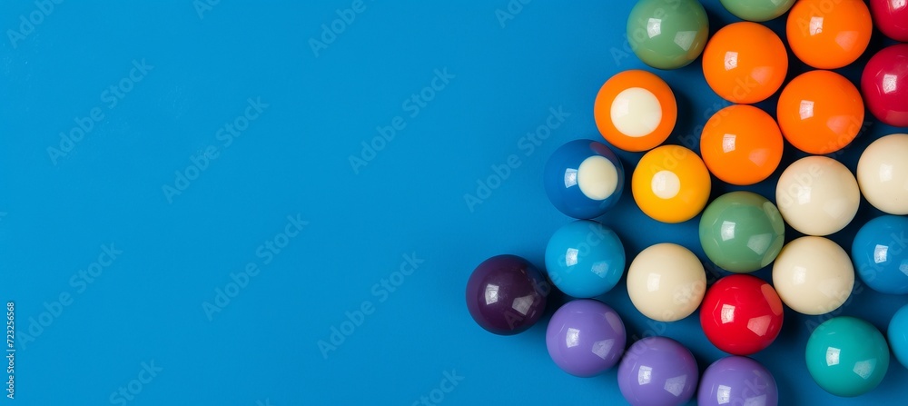 Close up top side view of billiard balls on table with copy space for text placement