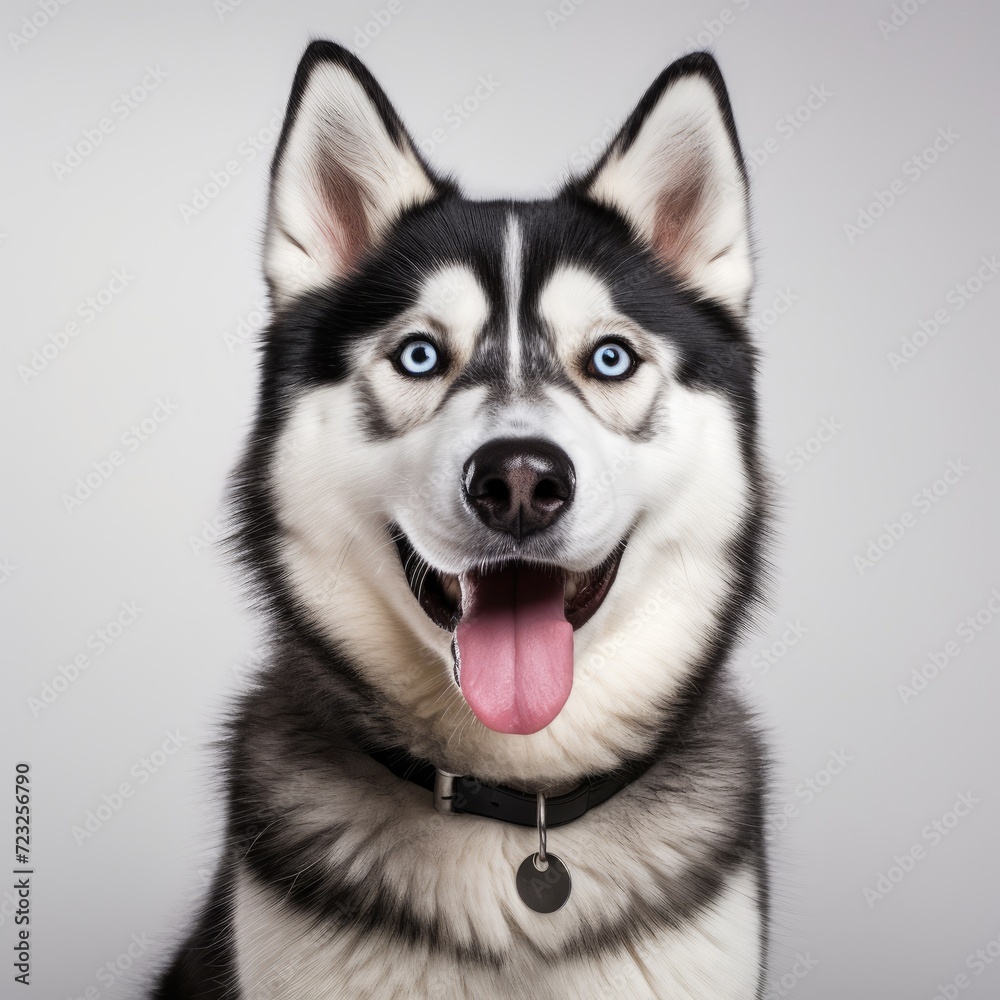 Closeup portrait of smiling dog. Siberian Husky dog black and white colour with blue eyes tongue out