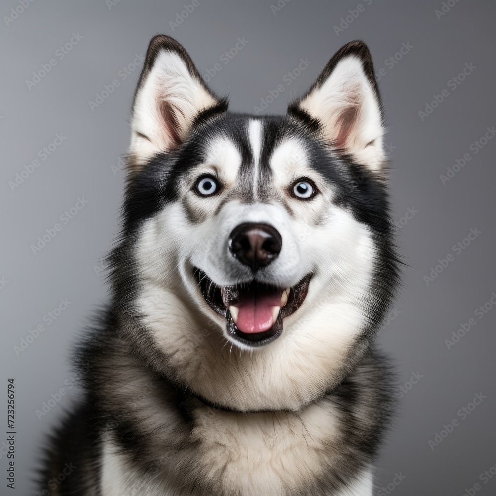 Closeup portrait of smiling dog. Siberian Husky dog black and white colour with blue eyes tongue out