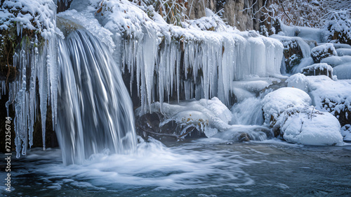 A frozen waterfall with icicles and snow surrounding the cascading water.