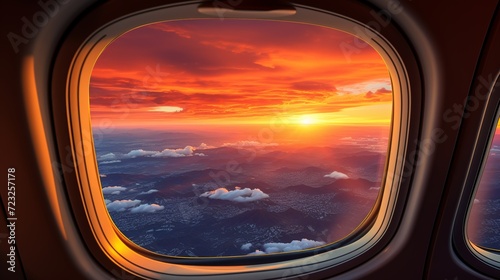 Beautiful scenery of sunset through the window airplane.