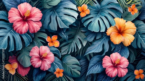 Wallpaper Mural Watercolor Monstera Leaf. Cute watercolor Philodendron tropical leaves. Banner, wallpaper, green background, exotic tropical wall, abstract floral pattern, illustration. Torontodigital.ca