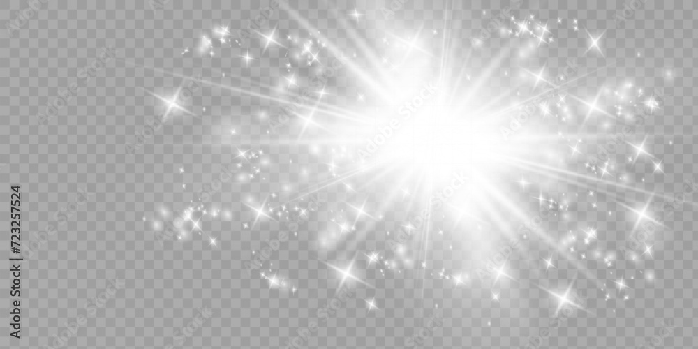 The dust sparks and silver stars shine with special light. Vector sparkles on a transparent background. Christmas light effect.